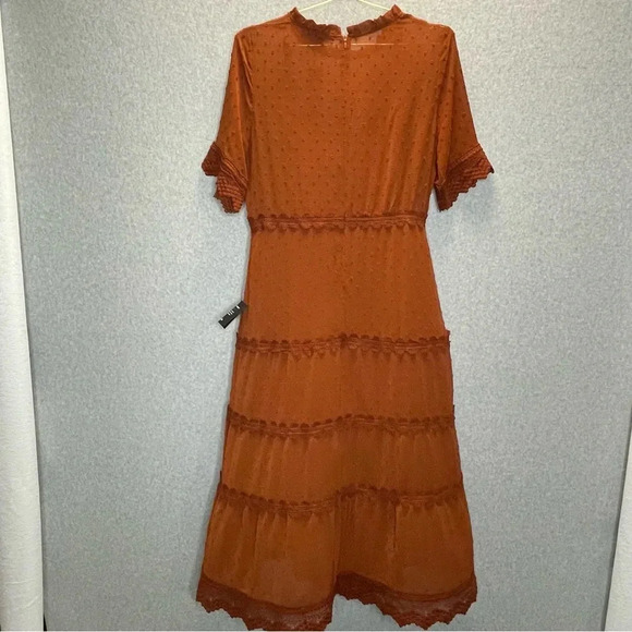 Lulu’s Dreaming of You Rust Swiss Dot Tiered Midi Dress - Picture 3 of 8